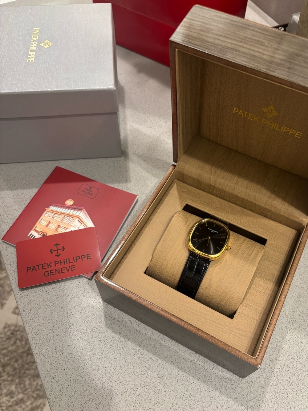 Patek Philippe Gold-Tone Case Black Dial Watch with Black Leather Strap